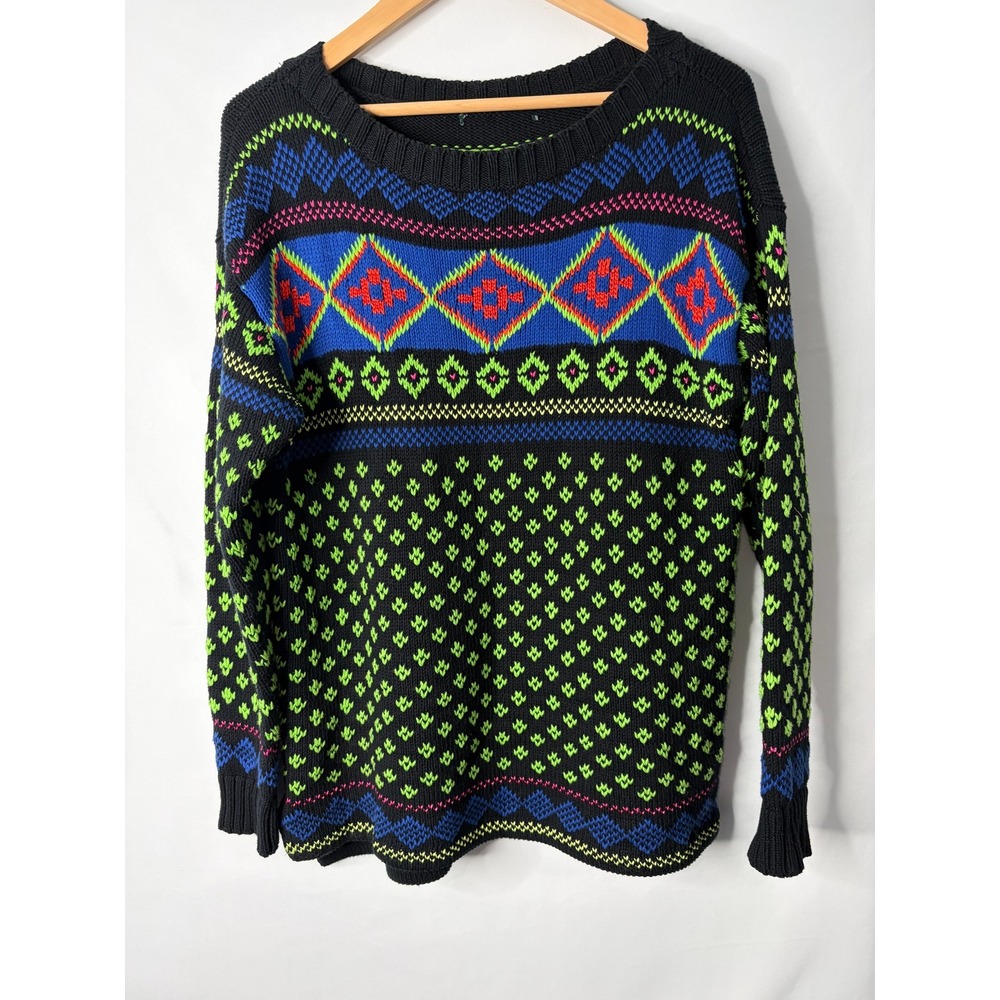 VTG Lauren Ralph Lauren Neon Fair Isle Geometric Sweater Sz M Chunky Fisherman